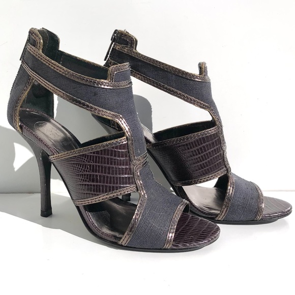 Tory Burch Geoff heel size 6M cage sandal zip linen & snakeskin embossed leather - Picture 9 of 14